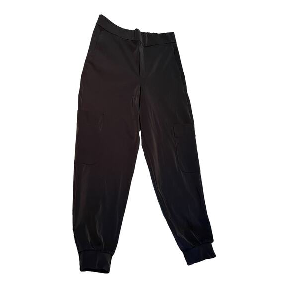 ZARA Black Tech Jogger Pants Flat Front High Rise Elastic Waist Back Medium EUC - Picture 1 of 11